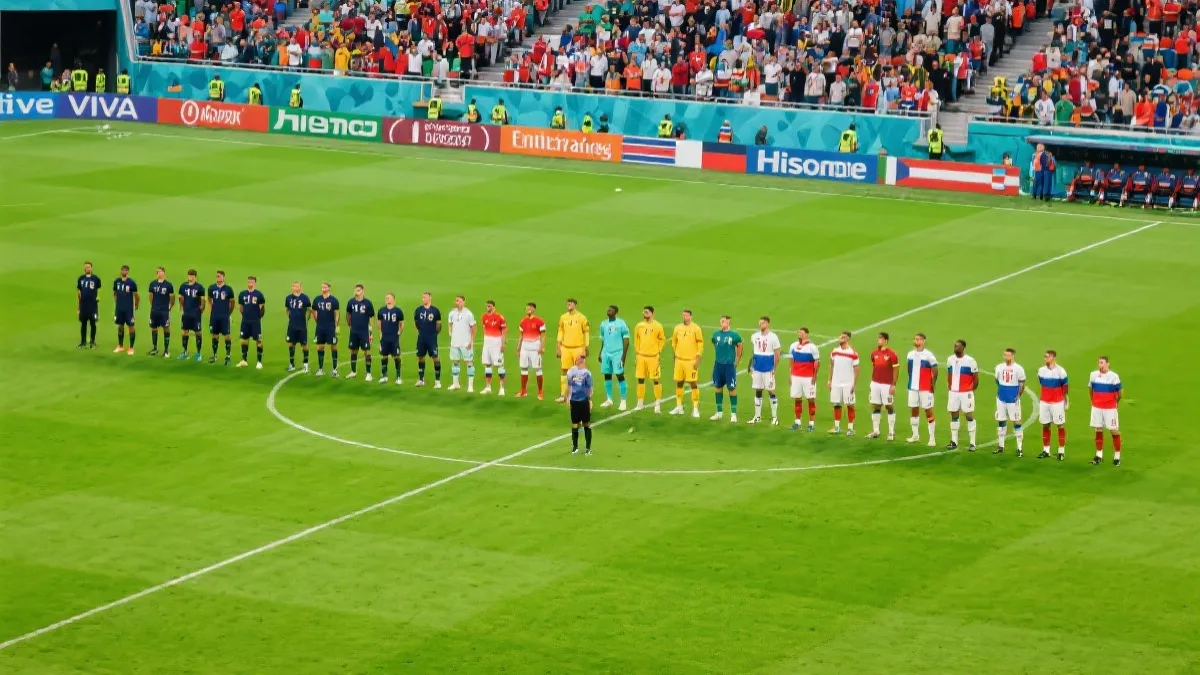 多支国家队队长在绿茵场中央站成一排，身后是热烈的球迷看台