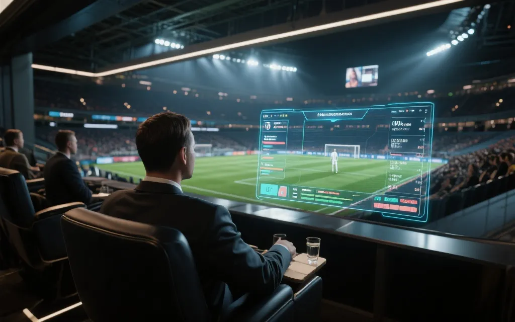 VIP观众在座位上查看AR回放与观赛数据面板的未来感场景